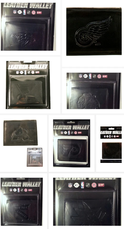 КОМАНДА НХЛ ЧЕРНЫЙ КОЖАНЫЙ ТРОЙНОЙ БУМАЖНИК ТИСНЕНЫЙ ЛОГОТИП КОМАНДЫ НОВЫЙ - Изображение 1 из 1