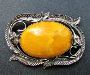 Antique Natural Butterscotch Egg Yolk Baltic Amber Silver 925 Brooch 17.6g - Picture 1 of 6