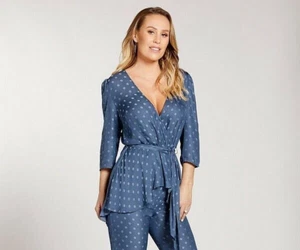 Kate Wright transparente gepunktete Wickelbluse 3/4-Ärmel blau Größe UK 14 Damen - Bild 1 von 10