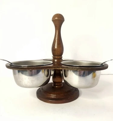 Servidor 3 Cuencos Madera Carrito Soporte Metal Cuchara Condimentos e Inmersiones De Colección  Foto 1 de 4