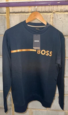 Boss Men's Navy Blue Cotton Gold Stripe 'BOSS' Sweatshirt - Image 1 of 4