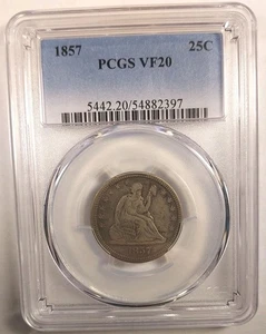 Pop 1 Of 18 PCGS Graded VF20, 1857 Seated Liberty Quarter 25C - Picture 1 of 8