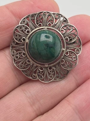 925 Sterling Vintage Real Eilat Gem Filigree Floral Pin Brooch / Pendant Israel  - Изображение 1 из 4