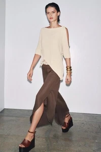 Zara Size S Wide Leg Pants With Side Vents Brown Linen Mid Rise Viral Sold Out - Picture 1 of 6