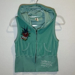 Vintage Y2K Ed Hardy Velour Teal Womens Sleeveless Hooded Vest Size Small - Picture 1 of 10
