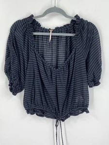 Free People blusa blu e bianca increspata trasparente manica 3/4 taglia M - Foto 1 di 3