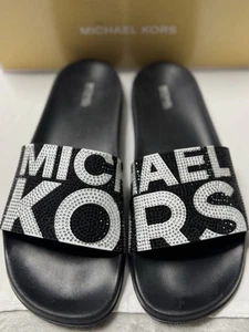 NEW MICHAEL KORS Gilmore Logo Rhinestone Slide Sandals Women’s 11M FABRIC - Picture 1 of 10