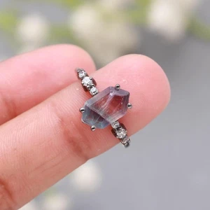 Rainbow Fluorite Hexagon Ring 925Sterling Silver Black Oxidized Delicate Jewelry - Picture 1 of 24