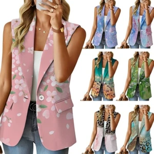 Women Button Open Front Sleeveless Blazered Print Blazered Vest Outwear - Picture 1 of 42