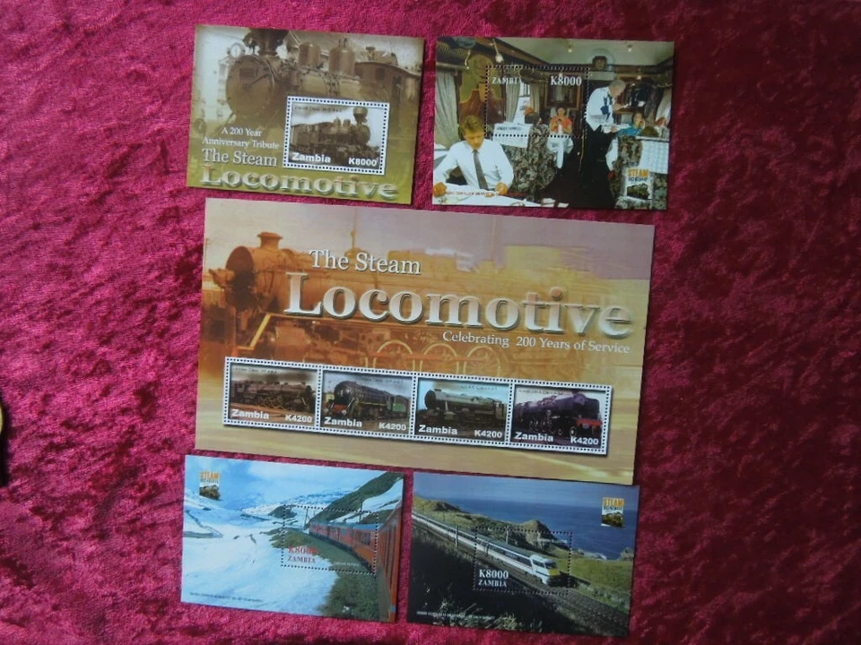 G4098  ZAMBIA  2005  STEAM  LOCOMOTIVES  TRAINS  5 X S/S  SHEET  MNH - Image 1 of 1