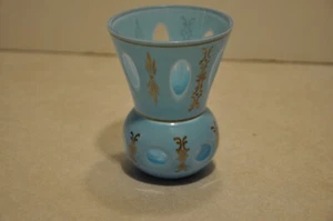 Bohemian Vintage 4” All Hand Work Porcelain Overlay Turquoise Glass Vase 1976 - Picture 1 of 7