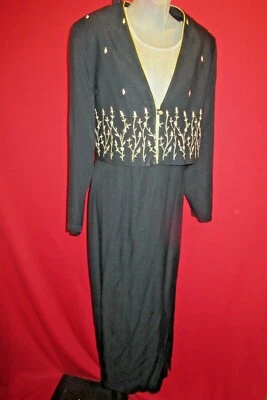 Conjunto de traje de vestido y chaqueta vintage de lúrex dorado tafetán negro años 70 talla 14 Foto 1 de 4