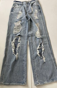 Pacsun Jr Womens Size 26”Waist Blue Denim Super Distressed High Waist Baggy Jean - Picture 1 of 12