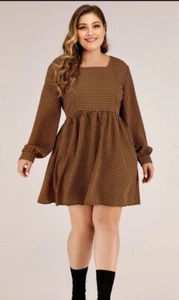 Yellow & Brown Houndstooth Pattern Square Neck A-Line Dress -  Women's Size 2XL - Picture 1 of 17