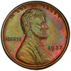 MS65BN 1937 1C Lincoln Wheat Cent, PCGS Trueview- Beautifully Red-Green Toned - Picture 1 of 6
