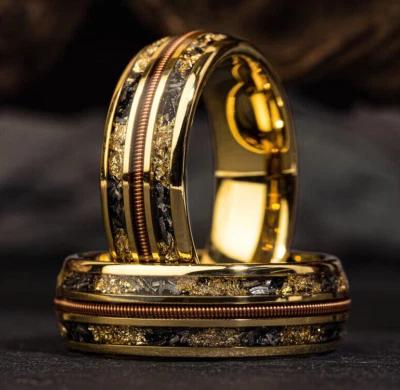 Cuerda de guitarra de tungsteno de 8 mm para hombre y hoja de oro meteorito alianza de boda de ajuste cómodo Foto 1 de 4