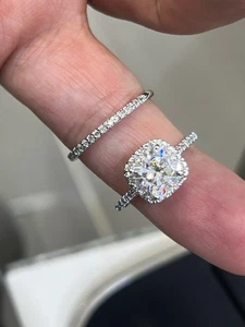 Platinum Moissanite Bridal Set – 2 CT Cushion Halo Engagement Ring + Band - Picture 1 of 3