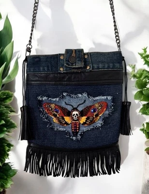Bolso Bandolera Denim - Diseño De Polilla de la Muerte Bordado con Cuentas con Flecos Foto 1 de 4