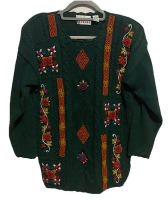 Suéter Tejido Vintage Carolina Colores Verde Oscuro Otoño Flores Mujer M Foto 1 de 4