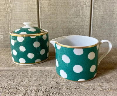 Crate & Barrel Veranda Cream Sugar Set Green Polka Dots Set/2 - Image 1 of 4