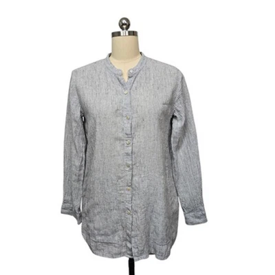 Camisa Eileen Fisher Mujer XXS Gris Lino Orgánico Cuello Banda Manga Larga Túnica Foto 1 de 4
