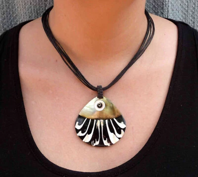 Halskette Perlmutt Paua Abalone Anhänger Shiva Auge Handgefertigt Bali - Bild 1 von 4