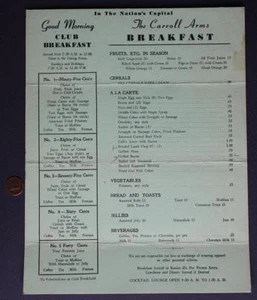 1950-60s Era Washington DC Carroll Arms Hotel Restaurant breakfast menu SCARCE-- - Picture 1 of 1