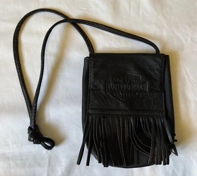 HARLEY DAVIDSON VINTAGE Crossbody Fringe Shoulder Bag Black Pebble Leather Purse - Image 1 of 4