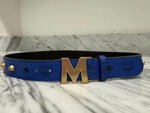 MCM Women's Blue Leather Gold 'M' Buckle Belt 39.5” MCM Logo Adjustable - Picture 1 of 24