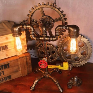 Wrought Iron Steampunk Pipe Table Lamp 2 Edison Bulb Desk Light Bedside Lighting - Picture 1 of 10