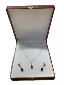 White gold finish red ruby created diamond pearcut necklace And earrings Gift - Picture 1 of 4