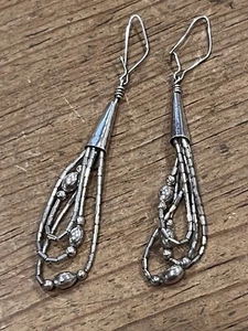 Vintage Southwest 3 Strand Long Liquid Sterling Silver Beaded Earrings - Picture 1 of 7