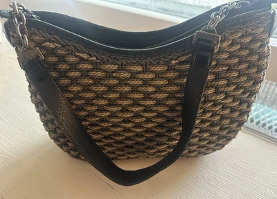 Bolso de Hombro Brighton Marrón/Negro Tejido Paja Cartera Correa de Cuero Metal Plateado Foto 1 de 4