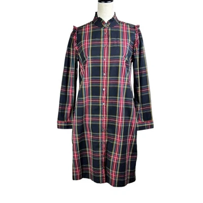 J. Crew 8 Black Red Tartan Plaid Long Sleeve Button Up Ruffle Detail Shirtdress - Image 1 of 4