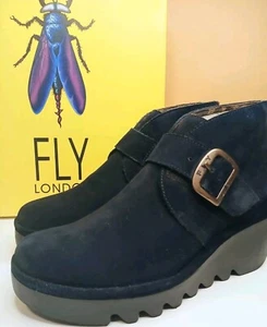 Fly London Sz 7-7.5 Oil Suede Dark Navy Blue Platform Wedge Bootie NEW in BOX - Picture 1 of 16