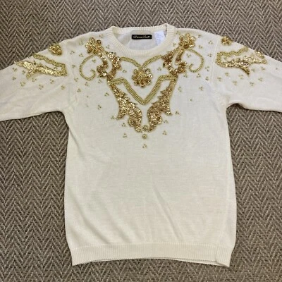 Suéter Dana Scott Vintage Para Mujer Talla S Marfil Dorado Secuencia y Cuentas Foto 1 de 4