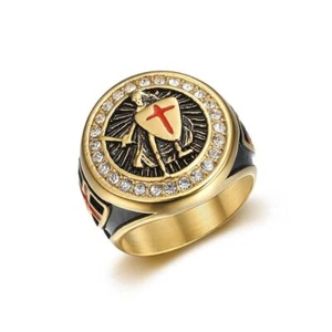 Men's Vintage Templar Knight Red Cross Shield Stainless Steel Rings Size 7-13 - Picture 1 of 10