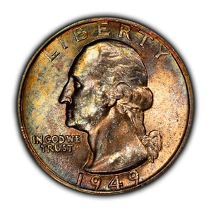 1949-D 25c Silver Washington Quarter - PQ Rainbow Toning - BU - VIDEO - Z5209 - Picture 1 of 8