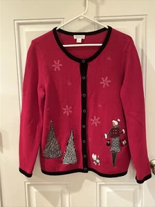 Christopher & Banks Red Cardigan Sweater Button Front Christmas Shopping Large - Picture 1 of 6