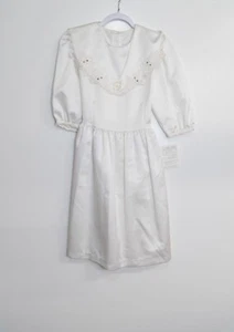 Girls White Satin Dress With Lace Appliqué & Puff Sleeves Size 14 1/2 - Picture 1 of 8