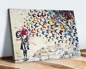 LEINWANDKUNSTDRUCK BANKSY SCHMETTERLING GEHIRN MÄDCHEN GRAFFITI 30 MM TIEF GERAHMT - Bild 1 von 10