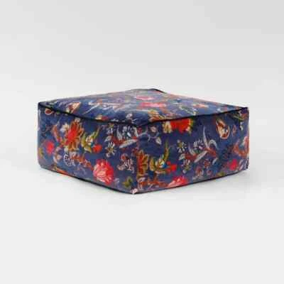 Blue Floral Printed Velvet Square Ottoman Cover Throw Big Size Ottoman Cover - Image 1 of 2