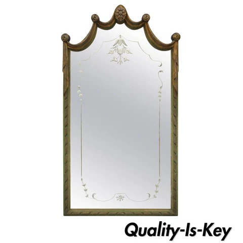 Louis XV Style Green and Gold Carved Drape Floral Etched Glass Wall Mirror Cover