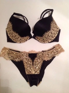 Victorias Secret Very Sexy Push Up Bra Set Black Gold Lace 32D,M NWT - Picture 1 of 11