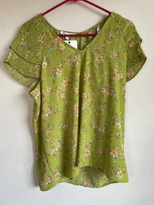 DR2 Green Floral Mixed Print Top Womens Medium Pleated Short Sleeve Boho Blouse - Picture 1 of 8
