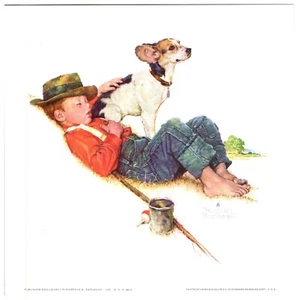 VTG Norman Rockwell, Boy Naps after Fishing, Beagle, Summer, 8x8 Americana Print - Picture 1 of 2