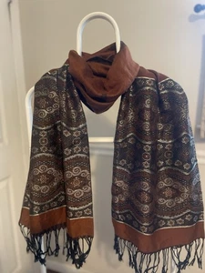 Pashmina Seda Dorado Tonos Marrón/Bufanda Negra Mantón Envolvente Suave Aprox. 27"x66” - Imagen 1 de 9