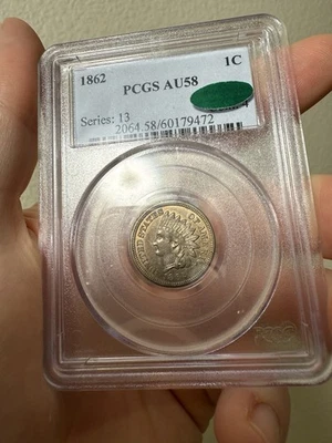 PCGS AU58 CAC 1862 COPPER NICKEL INDIAN HEAD CENT BEAUTIFUL LUSTER - Image 1 of 2