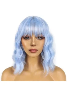 Short Bob Wavy Wig Bangs Women Shoulder Length Synthetic Cosplay Light Blue 77 - Picture 1 of 5