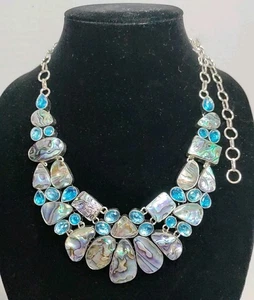 Silver Tone Abalone 925 Statement Bib Necklace 18" To 22" Drop Hand Made - Picture 1 of 5